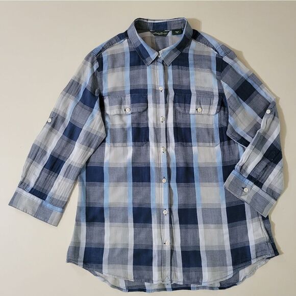 Eddie Bauer Women's Blue Plaid Cotton Rayon Button-Down Elbow-length Sleeve - Picture 1 of 13